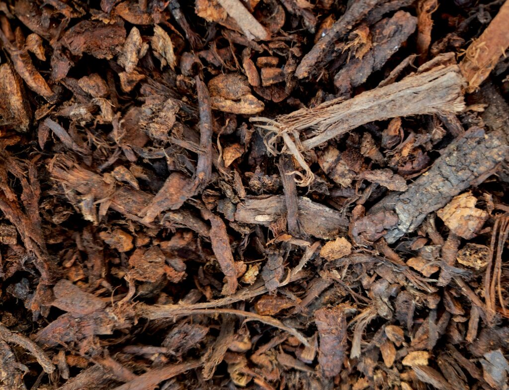 Close up of shredded bark mulch